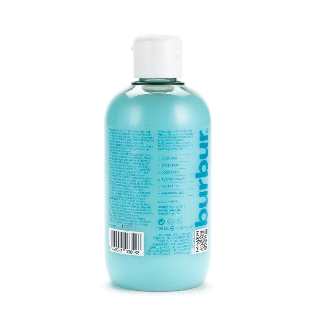 Bakside av flasken_Burbur Friend Puppy Shampoo 400 ml
Ekstra mild sjampo med økologisk aloe vera og havreekstrakt — skånsom pleie for valpens sensitive hud_WePet.no