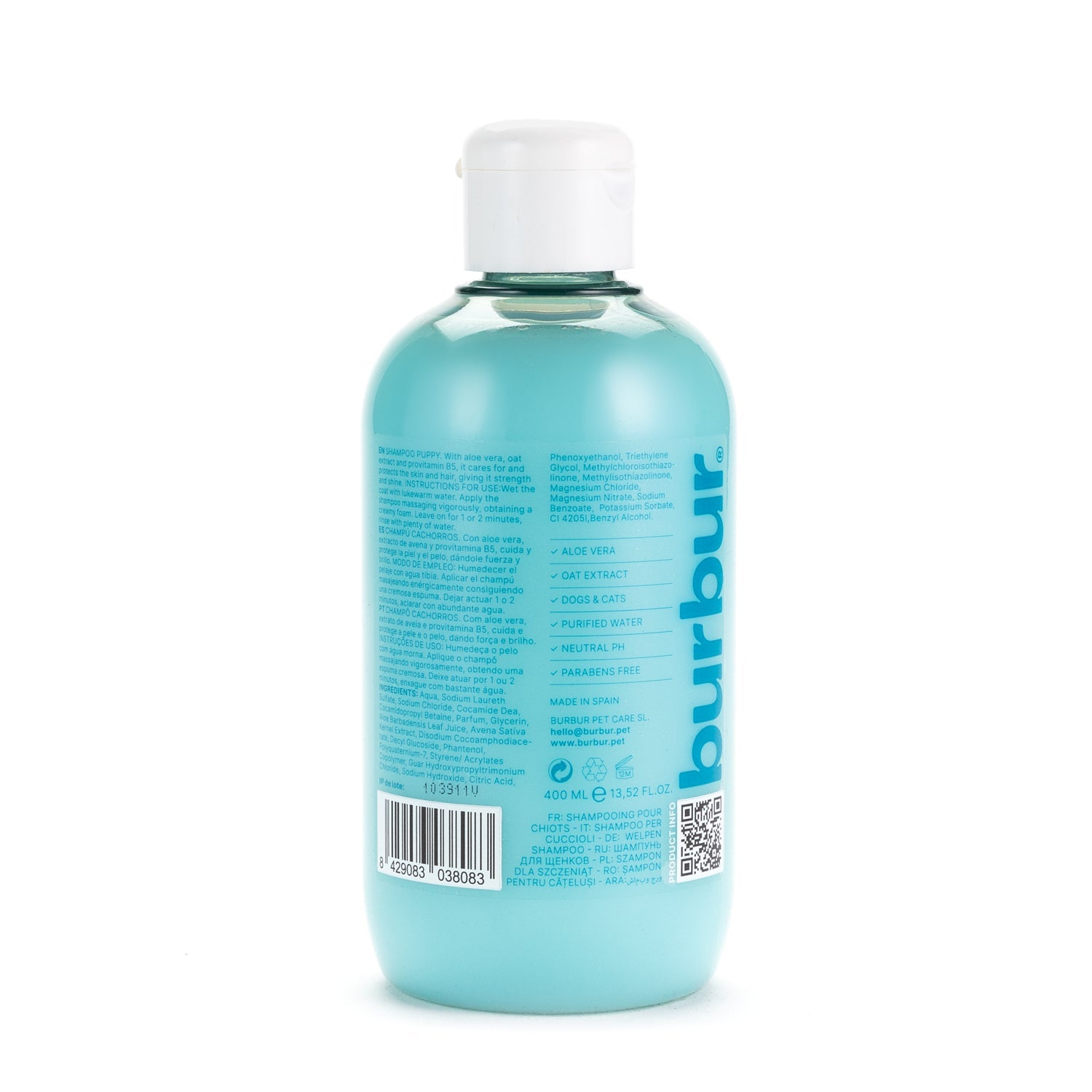 Bakside av flasken_Burbur Friend Puppy Shampoo 400 ml
Ekstra mild sjampo med økologisk aloe vera og havreekstrakt — skånsom pleie for valpens sensitive hud_WePet.no