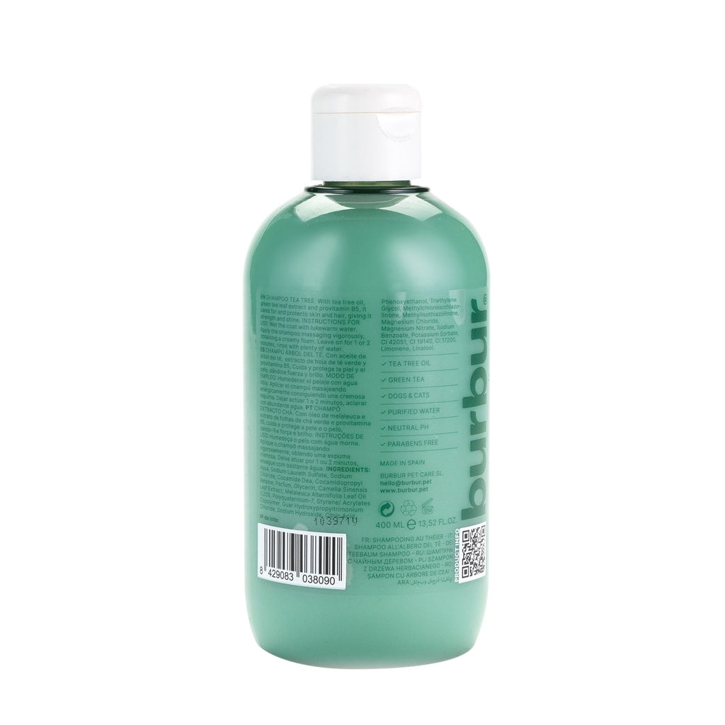 Burbur Friend Tea Tree Shampoo 400 ml_Bakside av flasken_
Rensende og beskyttende sjampo med tea tree olje og grønn te_WePet.no