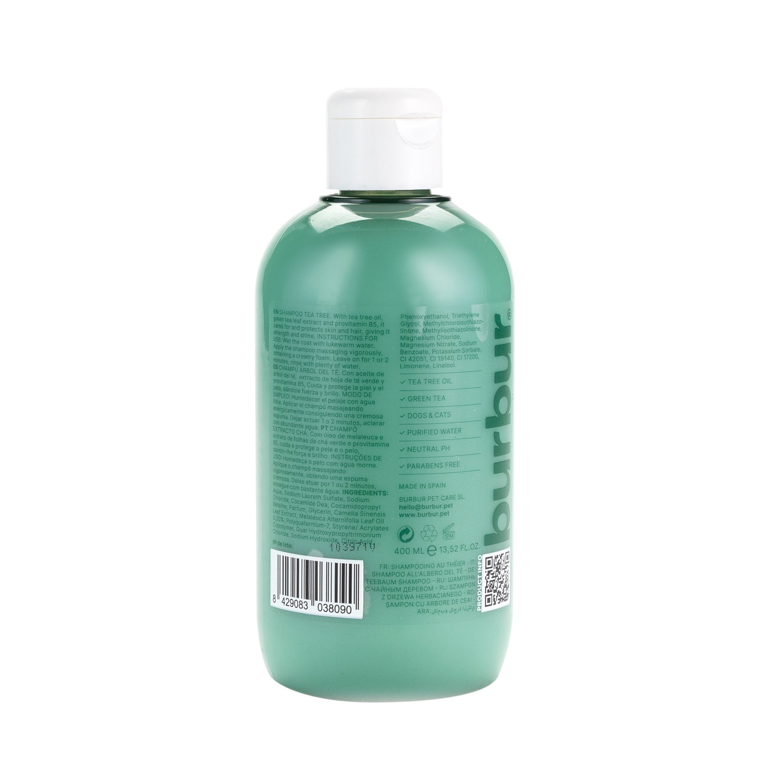 Burbur Friend Tea Tree Shampoo 400 ml_Bakside av flasken_
Rensende og beskyttende sjampo med tea tree olje og grønn te_WePet.no