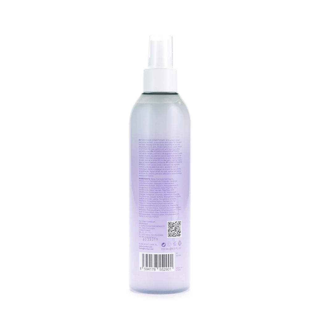 Burbur Friend Biphase Conditioner 250 ml_ Bakside av flasken_
Leave-in balsam med grønn kaviar og bomullsekstrakt — gir glans og letter børstingen_WePet.no