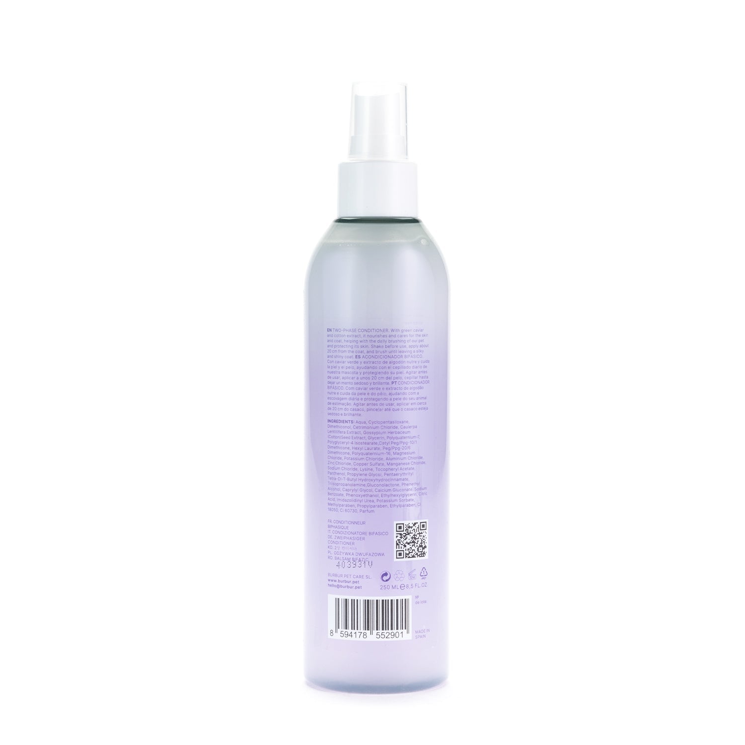 Burbur Friend Biphase Conditioner 250 ml_ Bakside av flasken_
Leave-in balsam med grønn kaviar og bomullsekstrakt — gir glans og letter børstingen_WePet.no